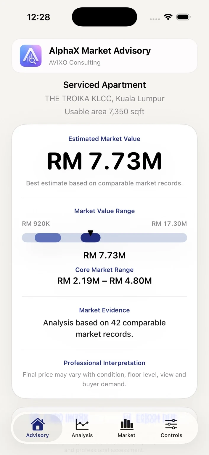AlphaX market advisory view showing property context, comparable evidence and interpretation