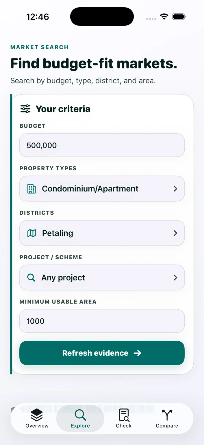 Nexus market search showing budget, property type, district, project and usable-area criteria